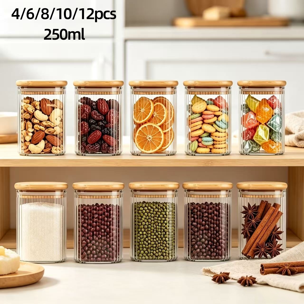Food Storage Containers - 4개/6개/8개/10개/12개 세트, 사각형 줄무늬 유리 보관